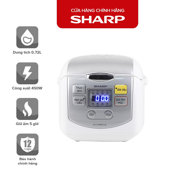 Nồi Cơm Điện Tử Sharp KS-COM08V-SL 0.72 Lít 450W [Cỡ Nhỏ, Mâm nhiệt 2D]